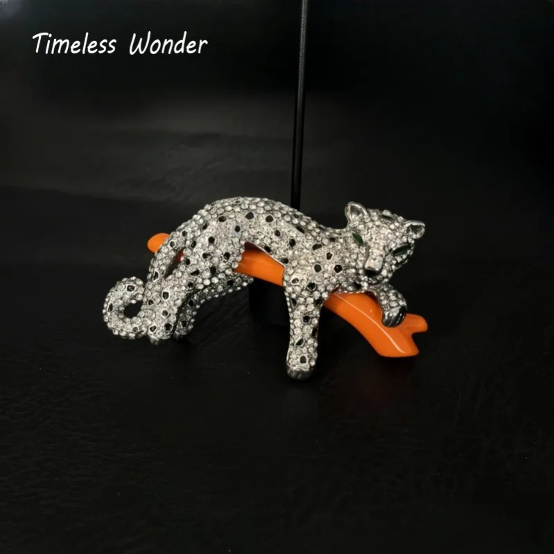 Vintage Fashion Runway - Broche de leopardo de circón esmaltado