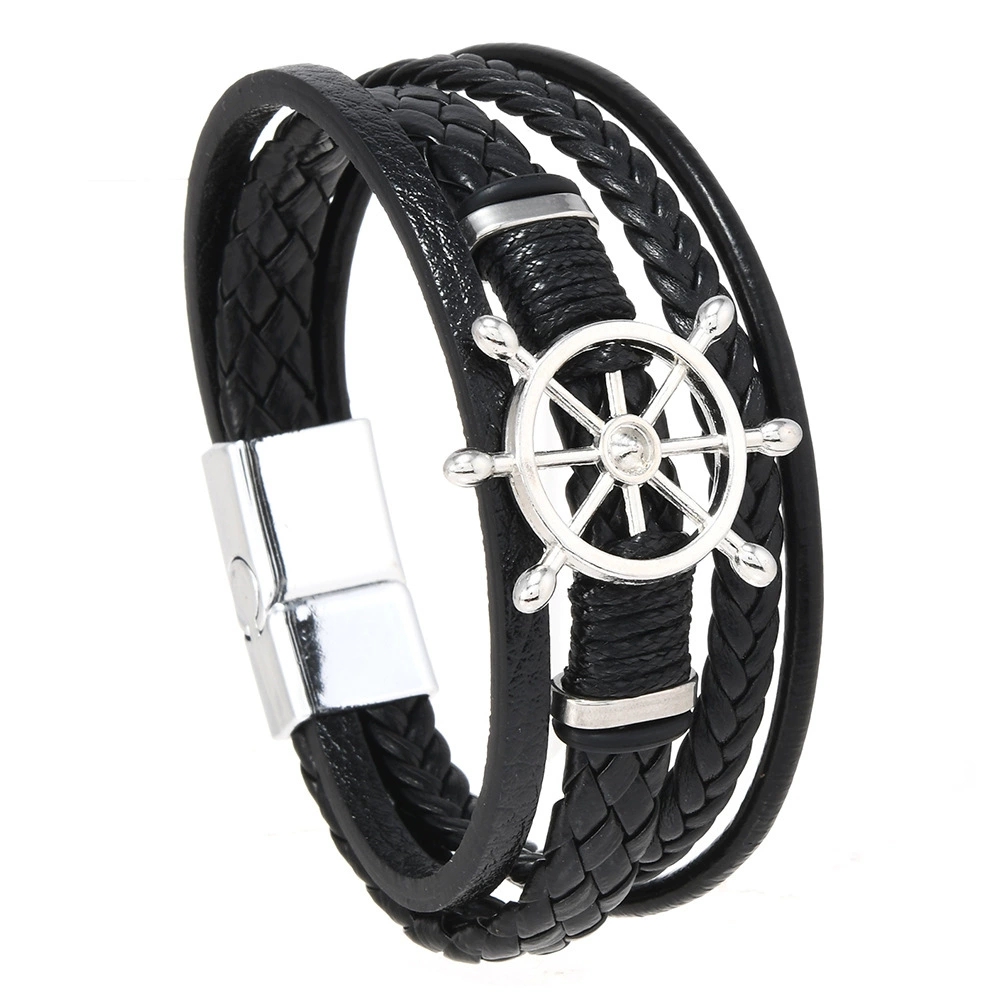 Vintage Fashion Wheel - Pulsera de cuero trenzado multicapa estilo