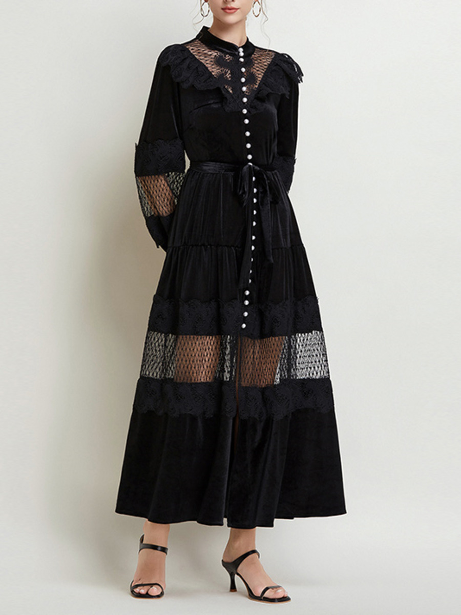 Vintage Fashion Runway - Vestido largo de terciopelo con encaje